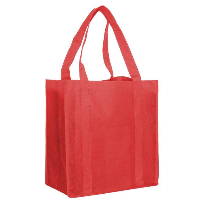 A red non-woven shopping bag with sturdy handles and a simple design, featuring a logo.