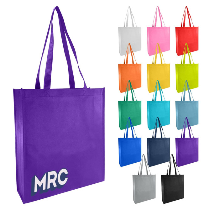 A purple non-woven reusable grocery bag with large gussets and various other bag colours displayed alongside.