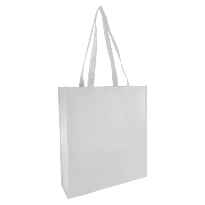 A white non-woven reusable grocery bag with a large gusset and two handles, featuring a logo.