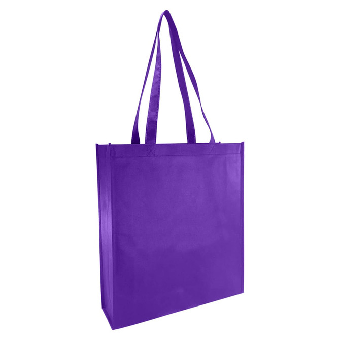 A purple non-woven reusable grocery bag with a large gusset and two shoulder straps, featuring a logo.