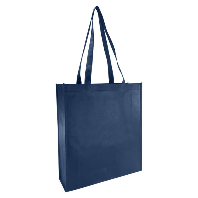 A navy blue non-woven reusable grocery bag with large gusset and dual handles. Features a logo on the side.