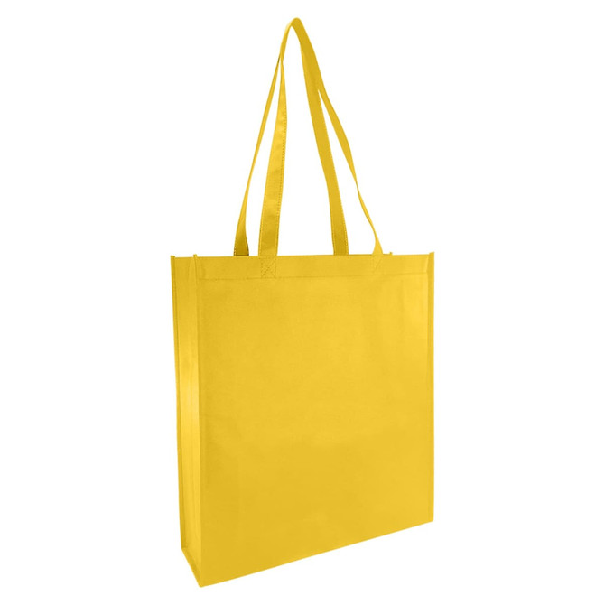 A yellow non-woven reusable grocery bag with a large gusset and two shoulder straps, featuring a simple design.