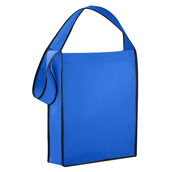 A blue non-woven sling bag with black trim and a long shoulder strap. It includes a logo on the surface.