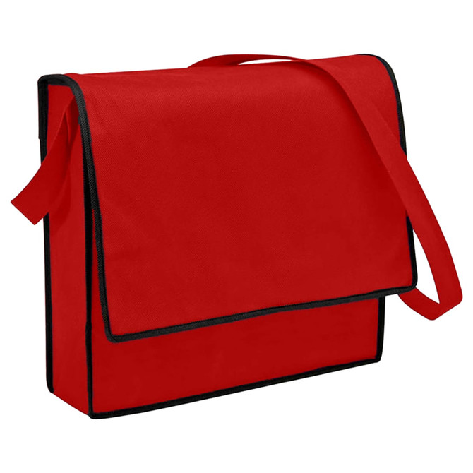 A red non-woven flap satchel with a black trim and a shoulder strap. It features a logo on the front.