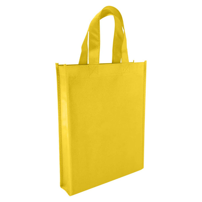 A yellow non-woven tote bag with two handles and a blank surface, featuring a logo on one side.