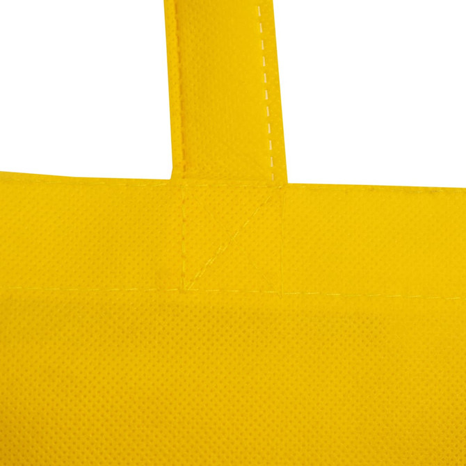 A bright yellow non-woven reusable grocery bag with a gusset and sturdy handles. It features stitching details.