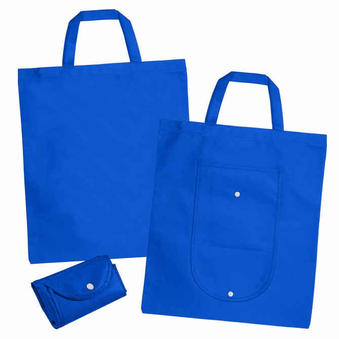 A blue foldable shopping bag with handles, featuring a pocket and a compact rolled design. It has a logo on it.