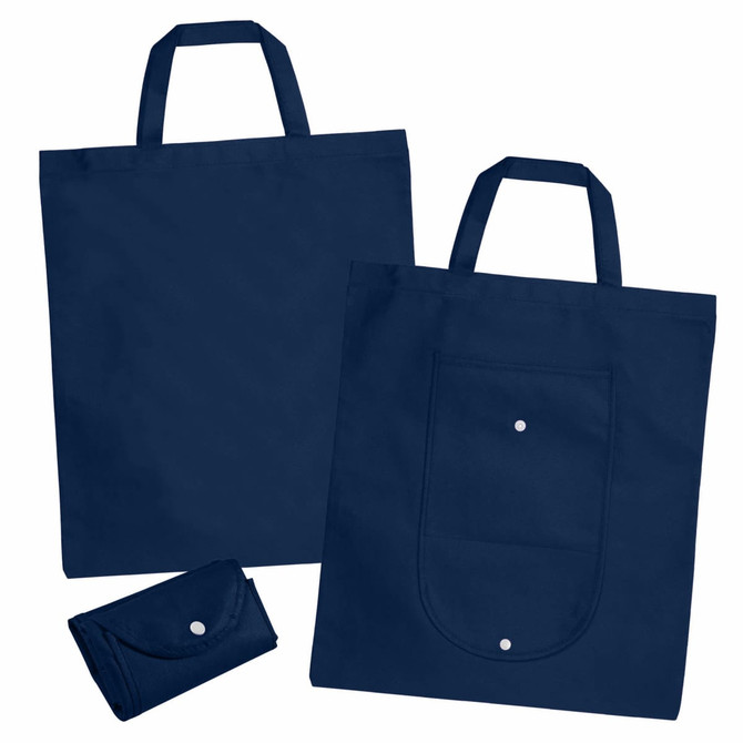 A navy blue non-woven foldable shopping bag with a snap pocket and two handles, alongside a smaller folded version.
