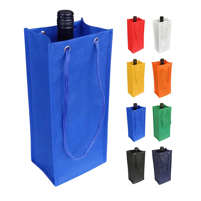 A drink bottle bag in blue, featuring a durable handle and a simple design, also available in multiple colours.