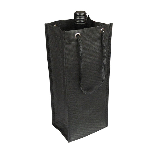 A drink bottle bag in black, featuring a sturdy design with rope handles and a logo.