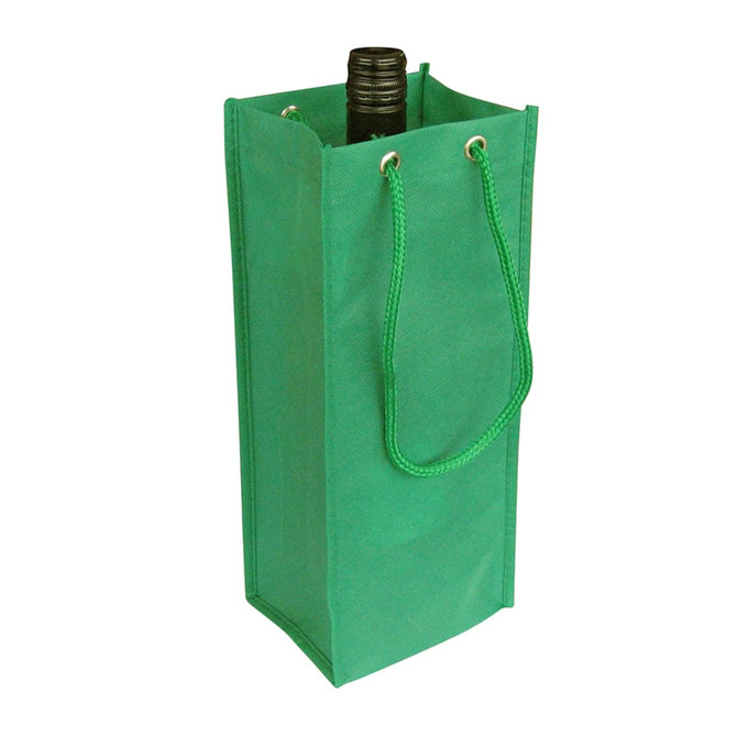 A drink bottle bag in vibrant green, featuring a rope handle and a structured design, with a logo present.