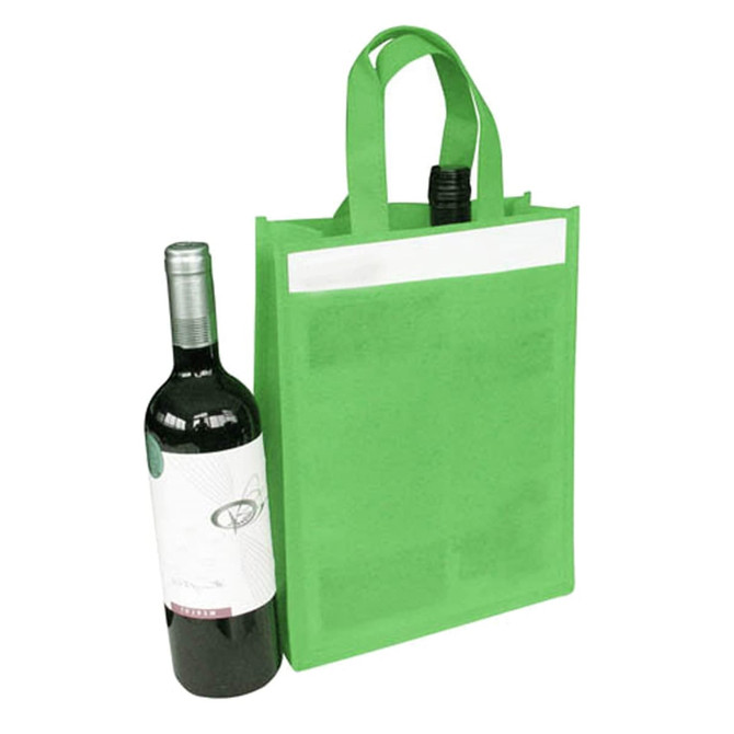 A drink bottle bag in vibrant green, featuring two compartments for wine bottles and a logo.