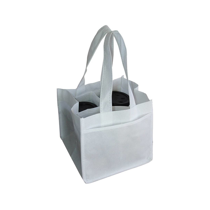 A white non-woven bag designed to hold four coffee cups, featuring two handles and a front pocket.