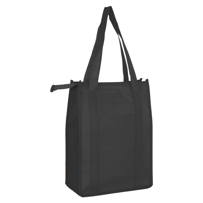 A black non-woven cooler bag with a top zip closure and two sturdy handles, featuring a logo.