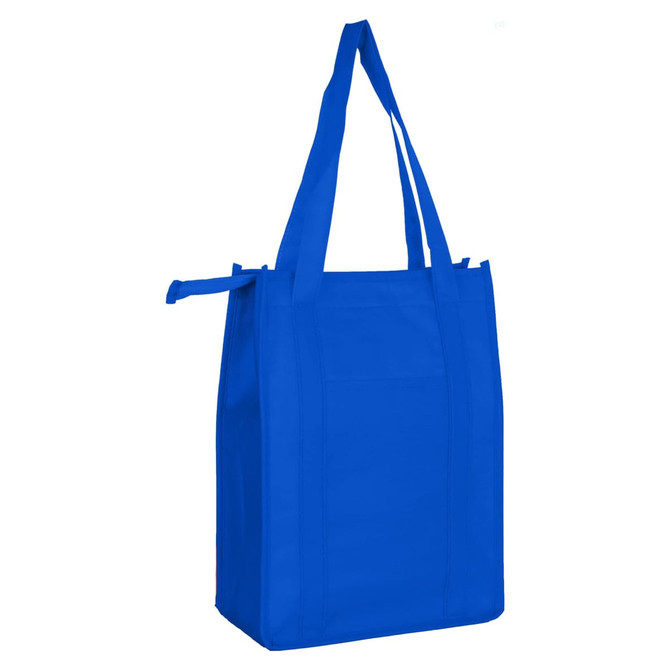 A bright blue non-woven cooler bag with a top zip closure and long handles. It features a logo on the side.