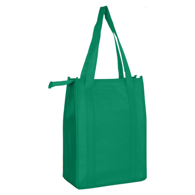 A green non-woven cooler bag with top zip closure and sturdy handles. It features a logo on the front.
