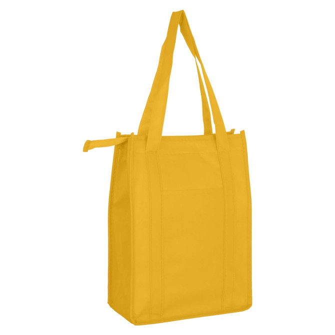 A yellow non-woven cooler bag with a top zip closure and sturdy handles. It features a logo on the side.