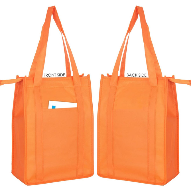 An orange non-woven cooler bag with top zip closure and handles, featuring a pocket on one side and a logo.