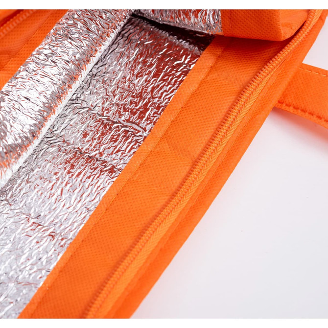 An orange non-woven cooler bag with a reflective silver interior and a top zip closure. It has a handle and branding.