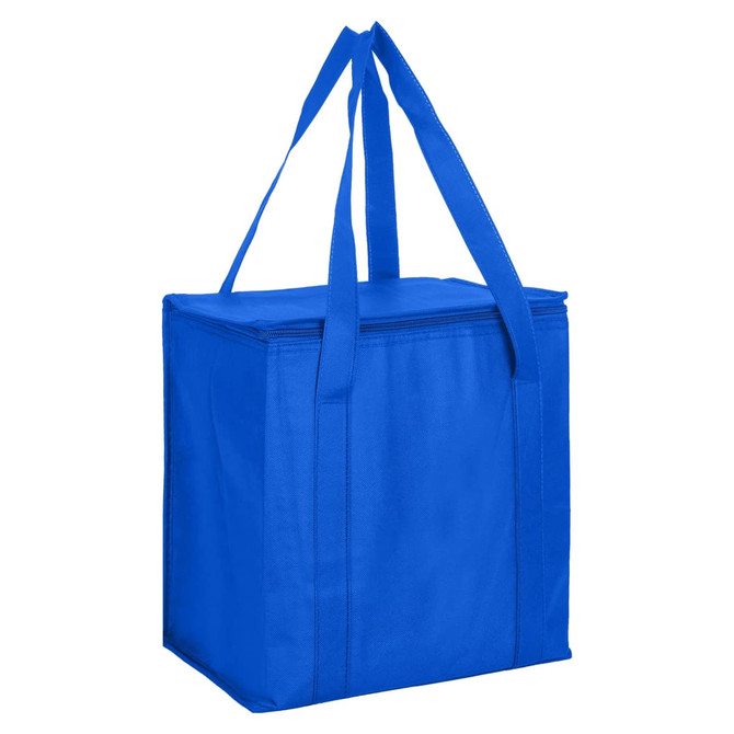 A blue non-woven cooler bag with a zipped lid and dual handles. Includes a logo on the side.