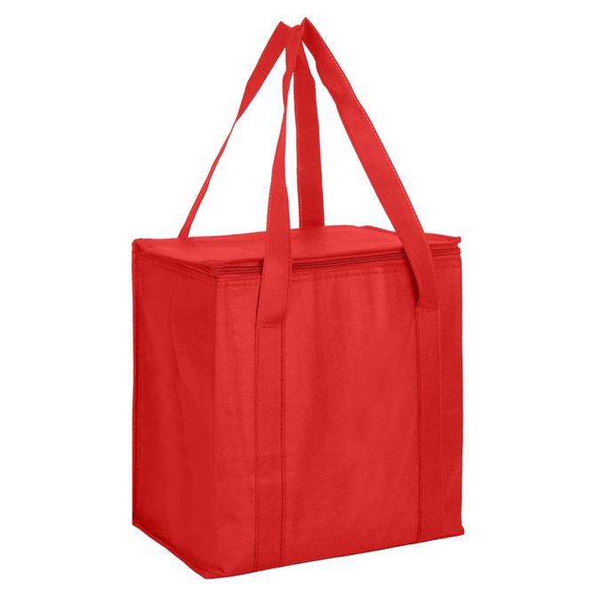 A red non-woven cooler bag with a zipped lid and two sturdy handles, featuring a logo.