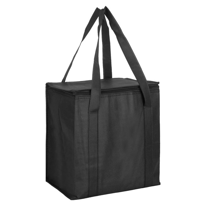A black non-woven cooler bag with a zipped lid and two carrying handles, featuring a logo.