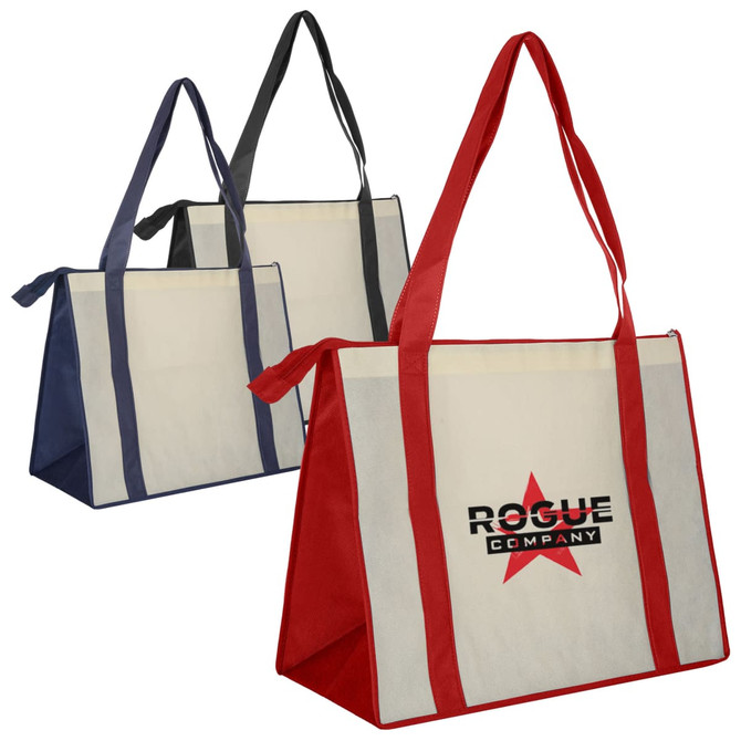 A large zipped shopping bag in red, navy, and charcoal, featuring a logo on each. Ideal for reusable grocery use.