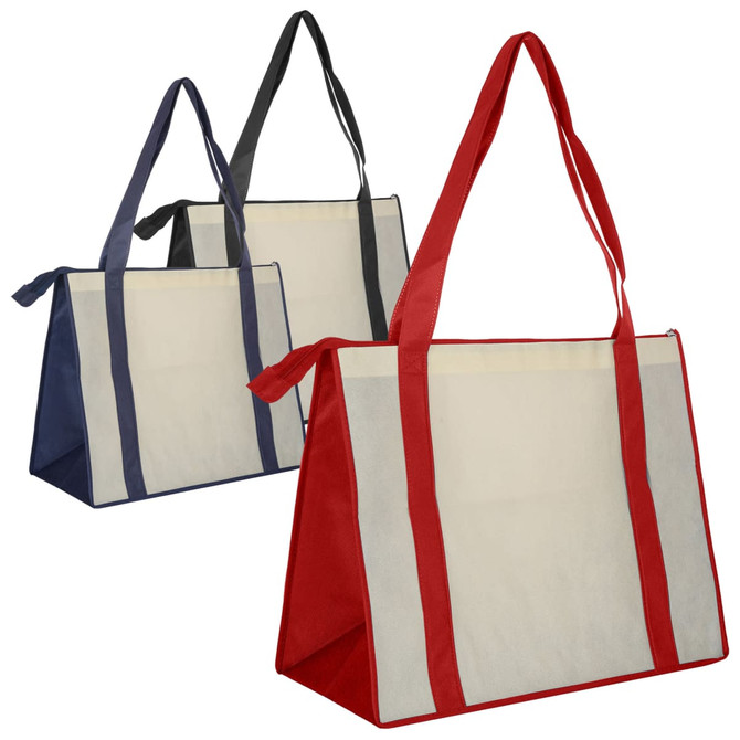 Three non-woven large zipped shopping bags in red, navy, and black, each with contrasting straps and a logo.