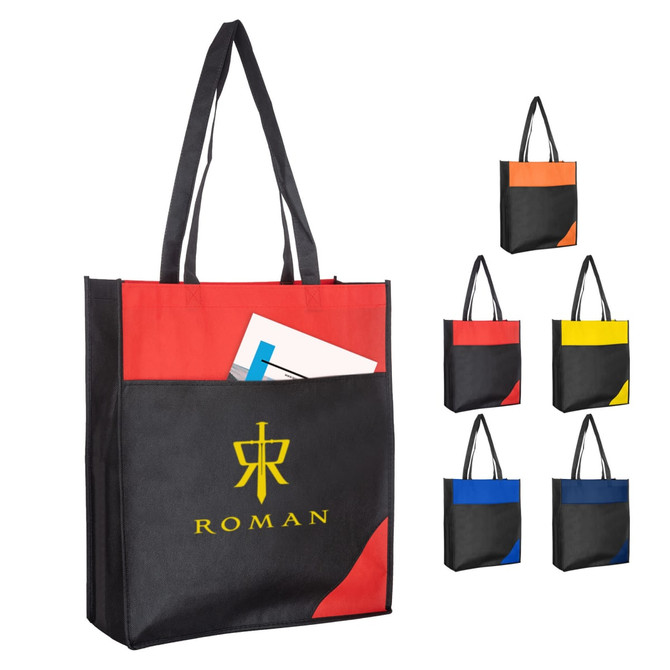 A reusable non-woven bag featuring a mix of red, black, and other vibrant colours, with a logo and external pocket.