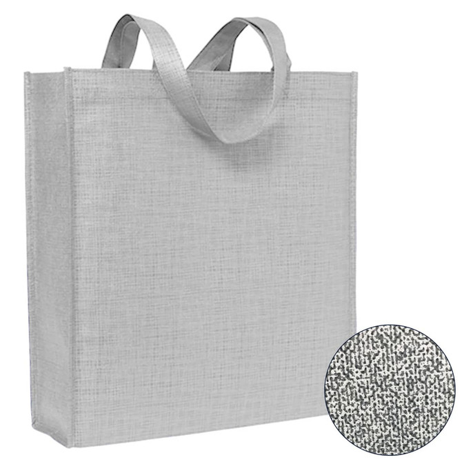 A grey patterned non-woven tote bag with two handles and a logo displayed in the corner.