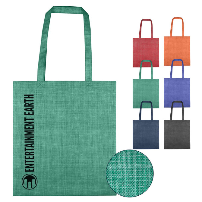 A green non-woven bag with patterned texture and an associated logo, displayed with multiple colour options.