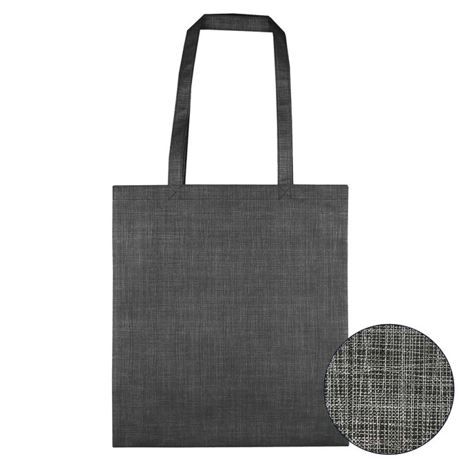 A non-woven bag in dark grey with a patterned design and two sturdy handles. It features a branding logo.