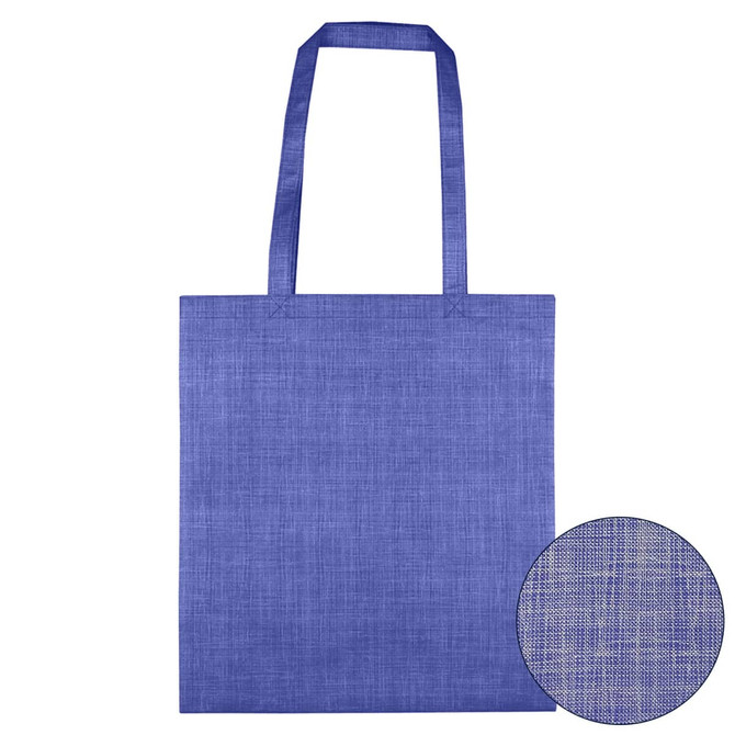A blue patterned non-woven bag with two handles and a textured design. It includes a branding logo.