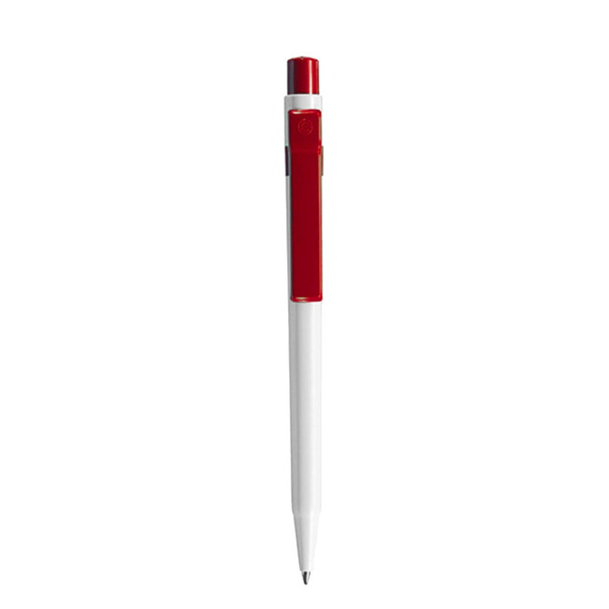 A plastic pen with a white body and red accents, featuring a logo on the side.