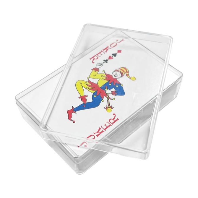 A set of playing cards featuring a jester design, contained in a clear plastic box.