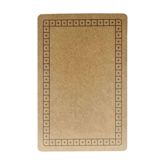 A brown playing card featuring a simple border design. The card is made from recycled materials.