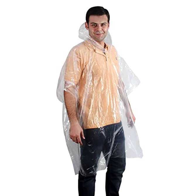 A clear plastic poncho worn by a person over an orange shirt, featuring a hood and loose-fitting design.