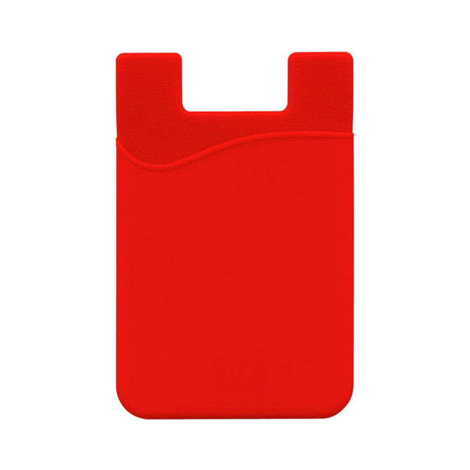 A red mobile phone wallet with a wavy design and a slot for cards, featuring a logo.