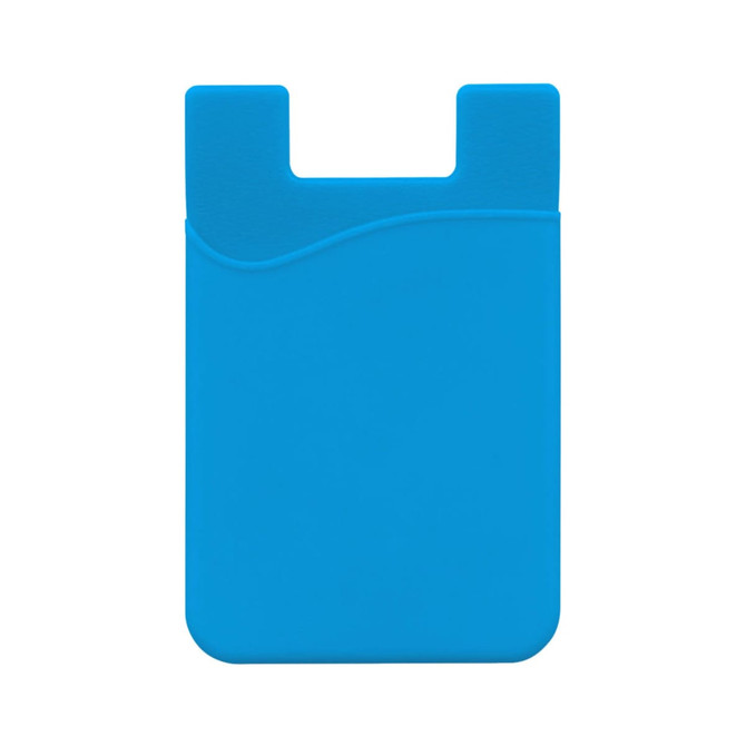 A blue mobile phone wallet with a smooth surface and a wavy design at the top. It has a slot for cards.