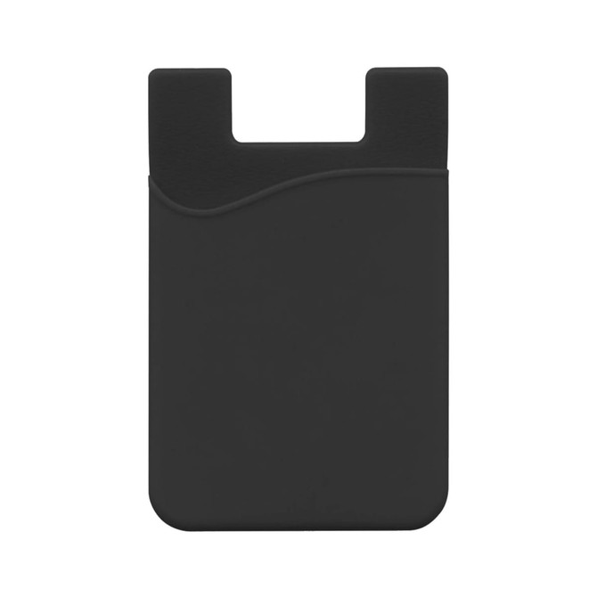 A black mobile phone wallet with a curved design and a slot for cards. It features a minimalist style and has a logo.
