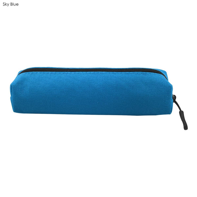 A sky blue canvas tube pencil case with a black zipper and a small decorative tag.
