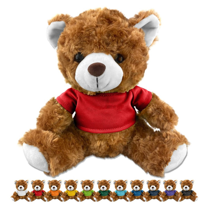 A plush teddy bear in brown fur, wearing a red shirt, sits against a white background with smaller bears in various colours below.