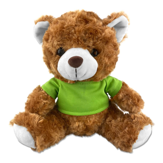 A fluffy brown teddy bear with a green t-shirt and white accents sits upright, featuring a friendly face.