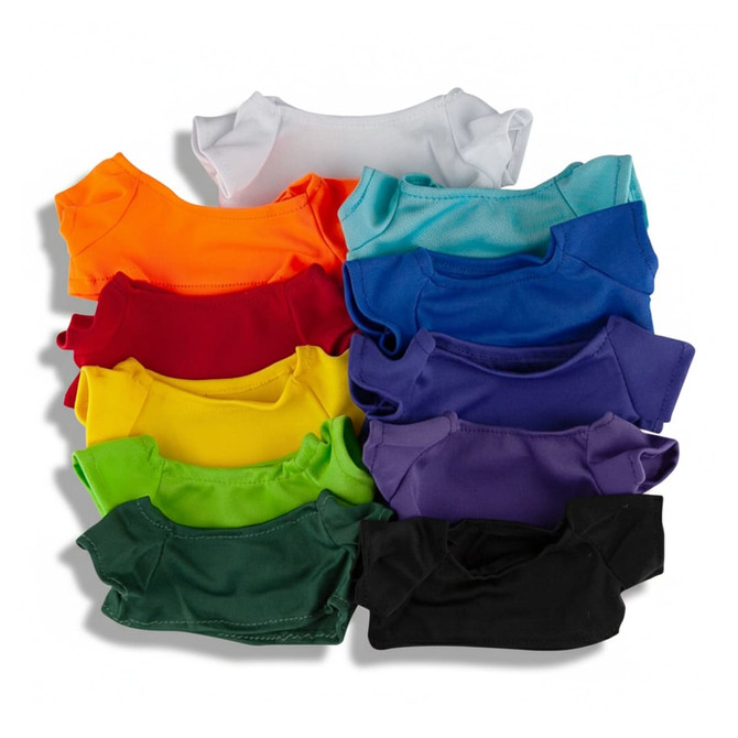 A collection of small, colourful fabric tops in various shades, including orange, red, yellow, green, blue, purple, and black.