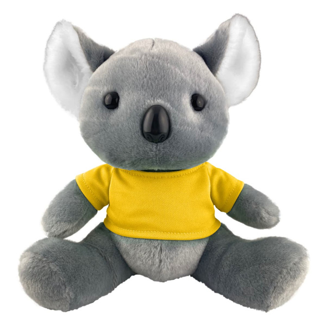 A grey koala plush toy wearing a yellow shirt, featuring large ears and button-like eyes. It has a logo on its shirt.