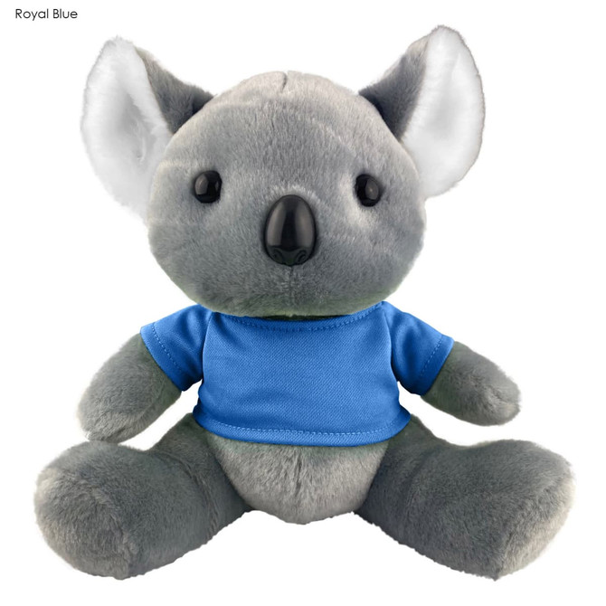 A grey koala plush toy wearing a blue shirt, featuring soft ears and a cute face, with a branding logo visible.