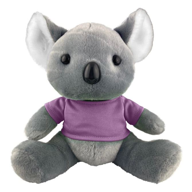 A grey koala plush toy wearing a purple shirt, featuring large ears and a friendly expression. It has a logo on its shirt.
