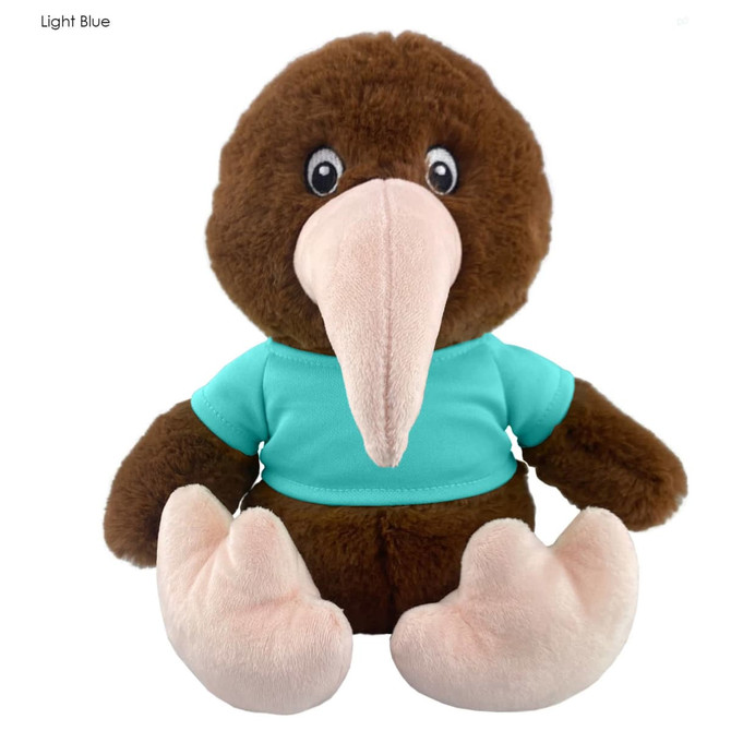 A brown plush kiwi toy with a light blue shirt, featuring a large beak and pink feet, with a logo on it.