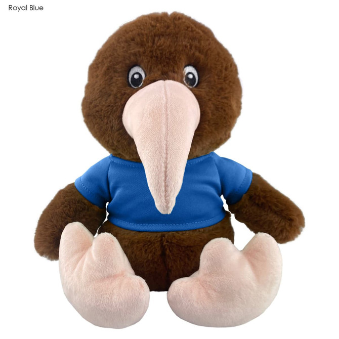 A brown kiwi plush toy wearing a blue shirt, with light pink feet and beak, and large, friendly eyes.