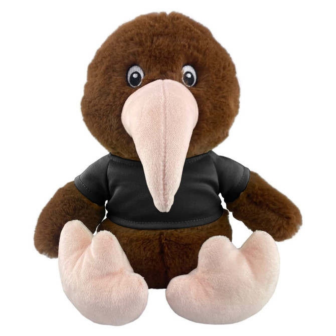 A plush toy kiwi in brown with a soft beak and feet, wearing a black shirt. It features large, expressive eyes.